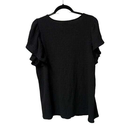 AVA & VIV SHIRT V-NECK FLUTTER SLEEVE TEXTURED BLACK SIZE 1X MINIMALIST NEW - Picture 2 of 7